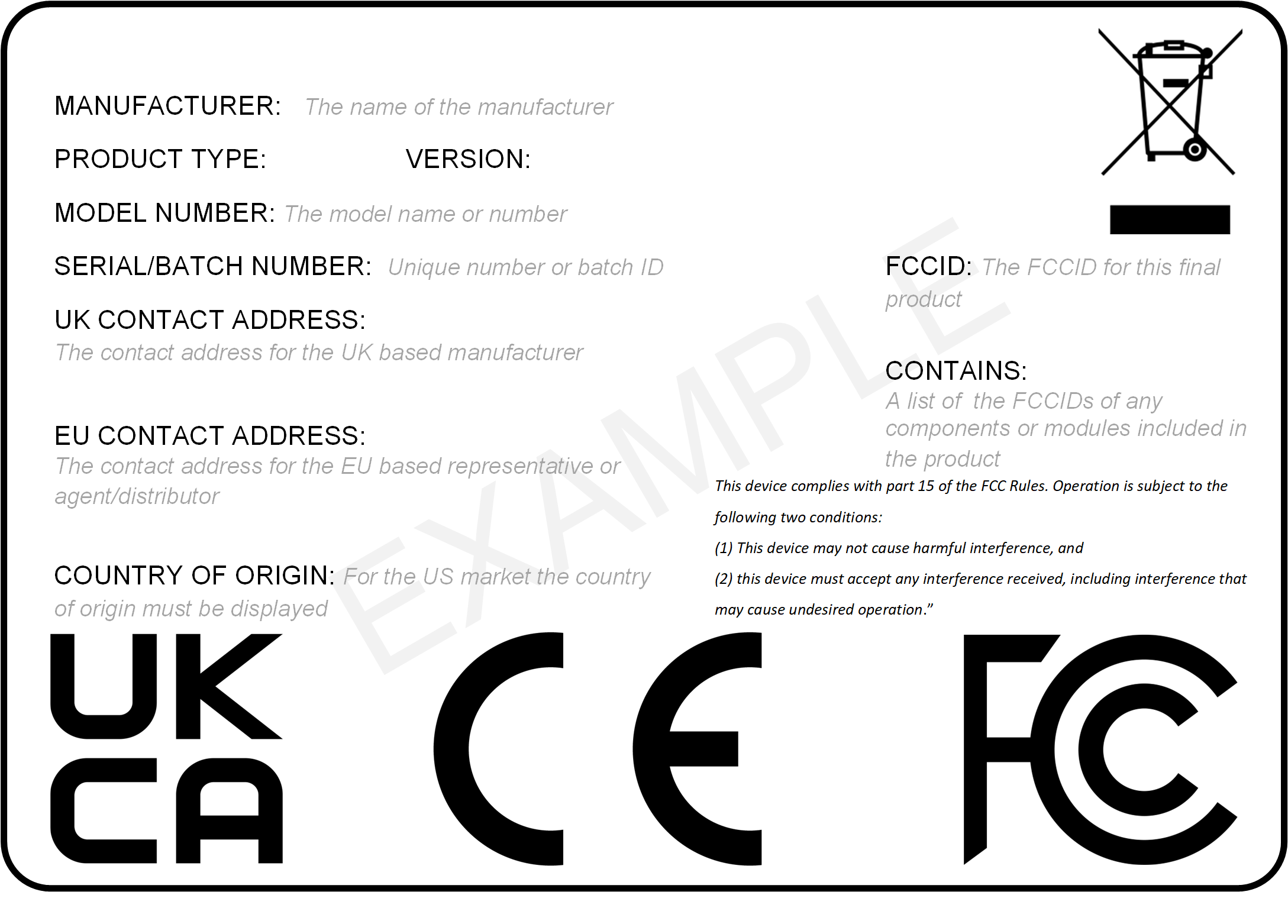 Sample CE UKCA FCC Label